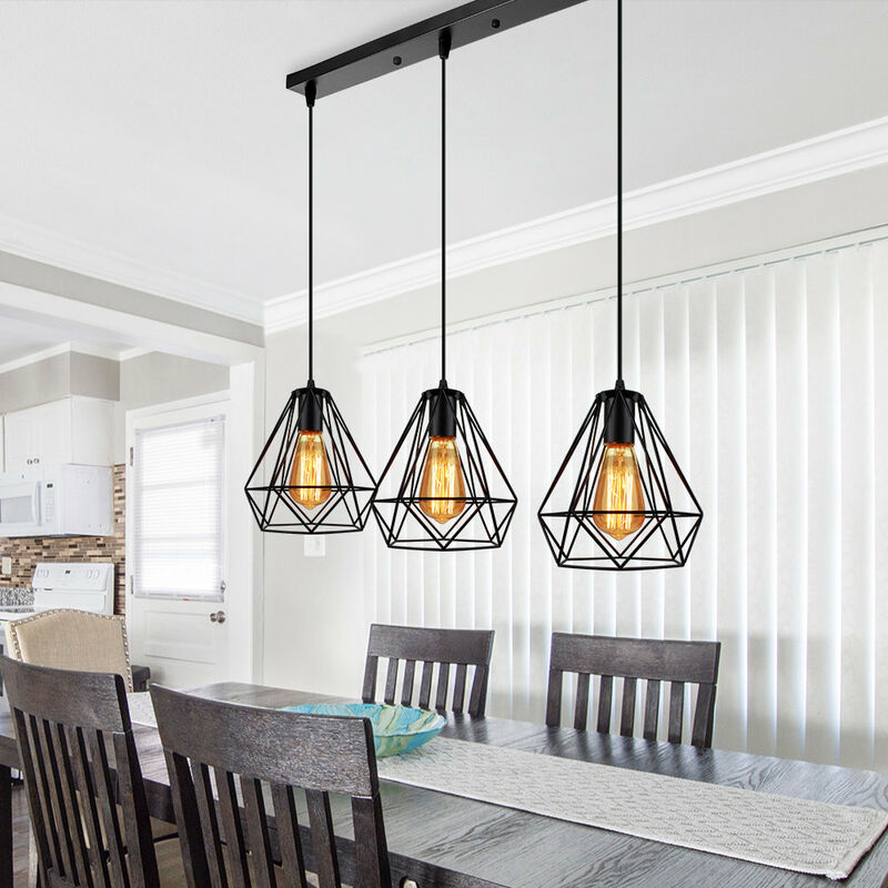 foto del prodotto 3 luci lampada a sospensione, vintage lampadario con 20cm gabbia diamante, lampadina in metallo e27 per soggiorno cucina nero