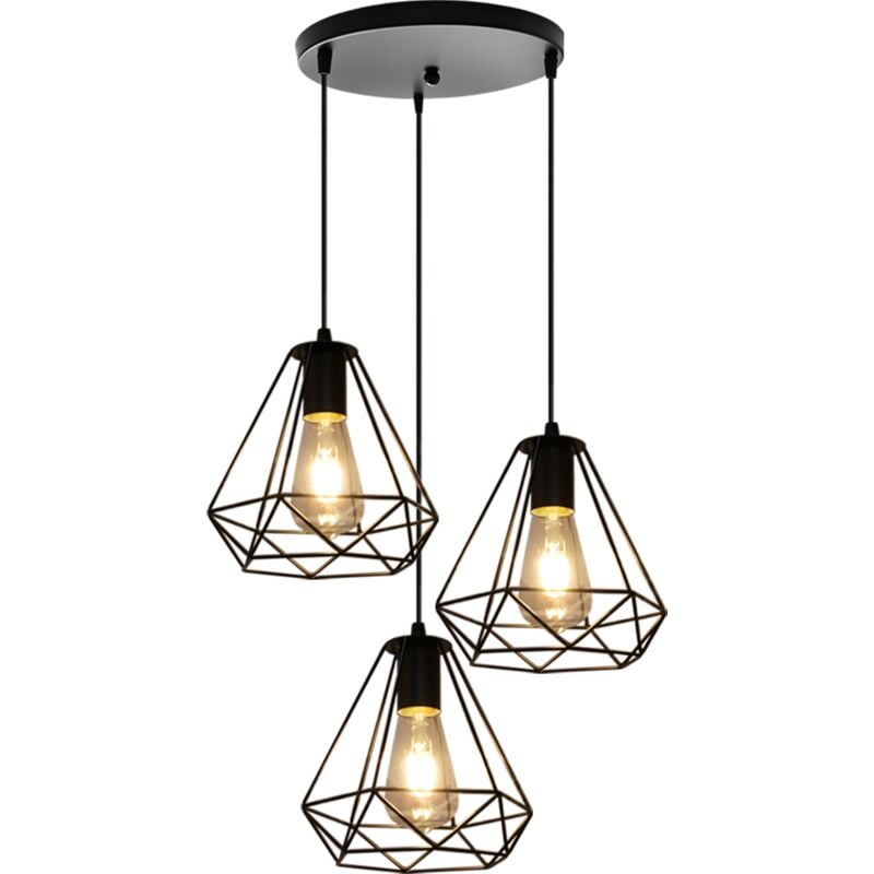 foto del prodotto 3 luci lampada a sospensione, vintage plafoniera con 20cm gabbia in metallo diamante, lampadari per soggiorno cucina nero