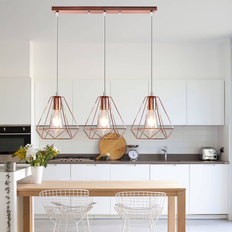 foto del prodotto 3 luci lampada a sospensione, vintage plafoniera con 20cm gabbia in metallo diamante, lampadari per soggiorno cucina oro rosa