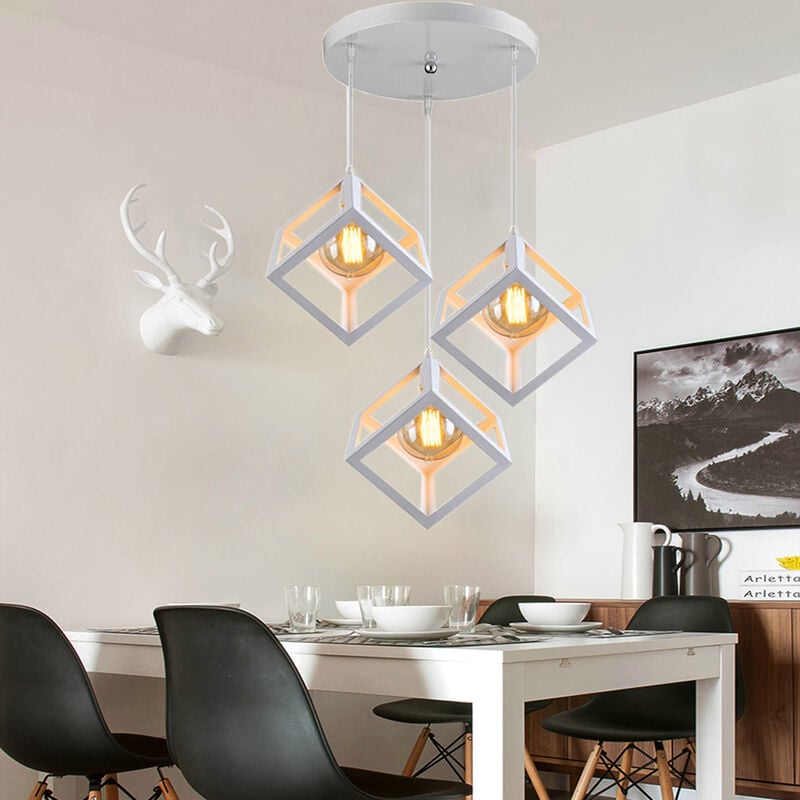 foto del prodotto 3 luci lampadario creativo, lampada da soffitto in ferro, lampada con cubo gabbia geometria per cucina sala da pranzo bianco