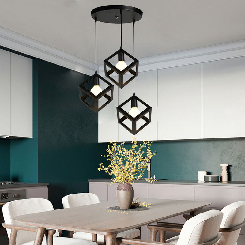 foto del prodotto 3 luci lampadario creativo, lampada da soffitto in ferro, lampada con cubo gabbia geometria per cucina sala da pranzo nero