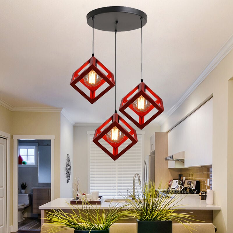 foto del prodotto 3 luci lampadario creativo, lampada da soffitto in ferro, lampada con cubo gabbia geometria per cucina sala da pranzo rosso