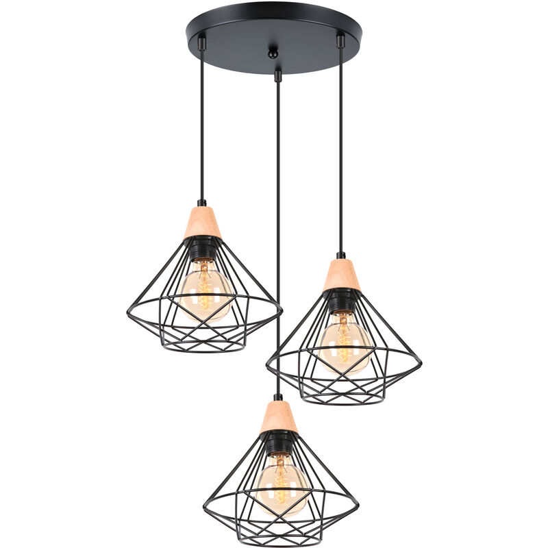 foto del prodotto 3 luci lampadario forma di diamante in metallo e legno e27 lampada da soffitto industriale 22cm per camera da letto soggiorno sala da pranzo nero