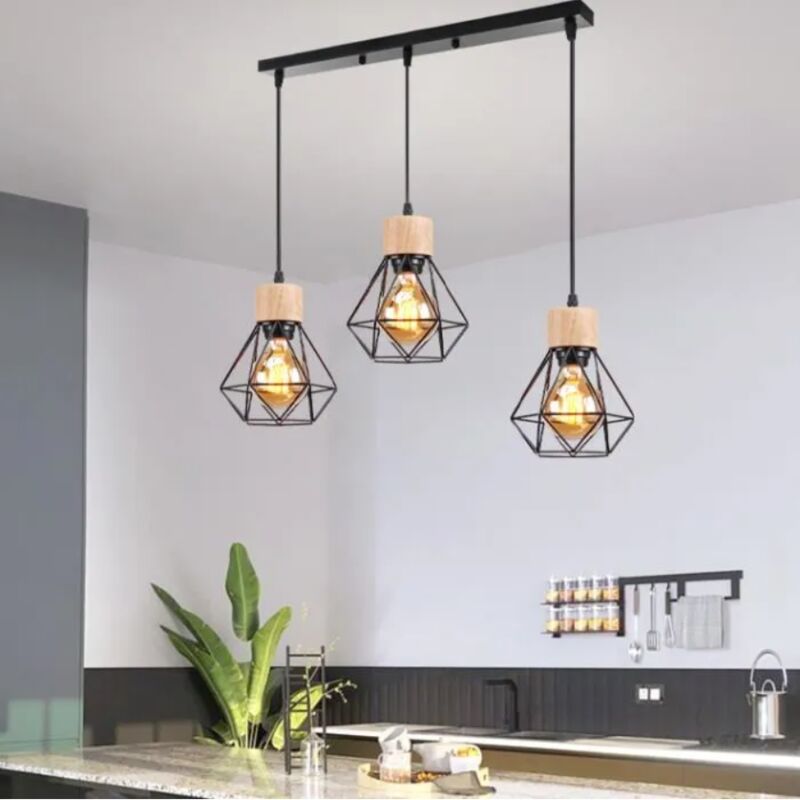 foto del prodotto 3 luci lampadario in legno ferro lampada a soffitto design industriale vintage e27 per sala da pranzo, camera da letto, soggiorno nero