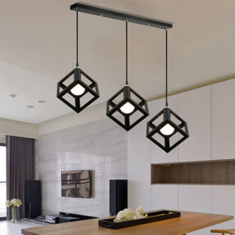 foto del prodotto 3 luci lampadario industriale, creativo lampada da soffitto, illuminazione con cubo paralume e27 per cucina sala da pranzo nero