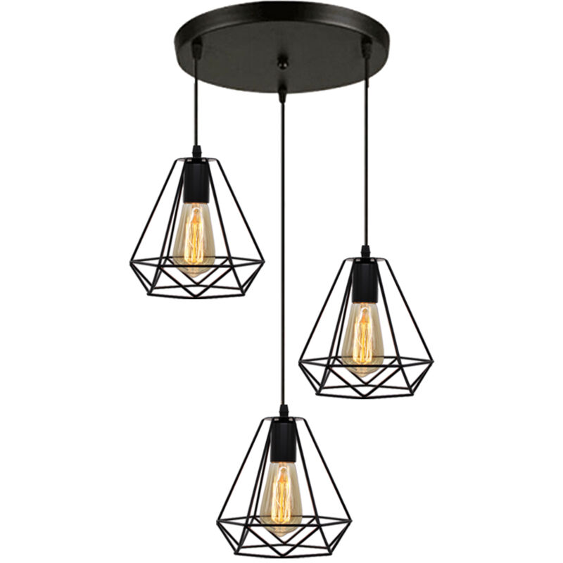 foto del prodotto 3 luci lampadario industriale e27 40w 20cm gabbia di forma di diamante stile vintage illuminazione nero