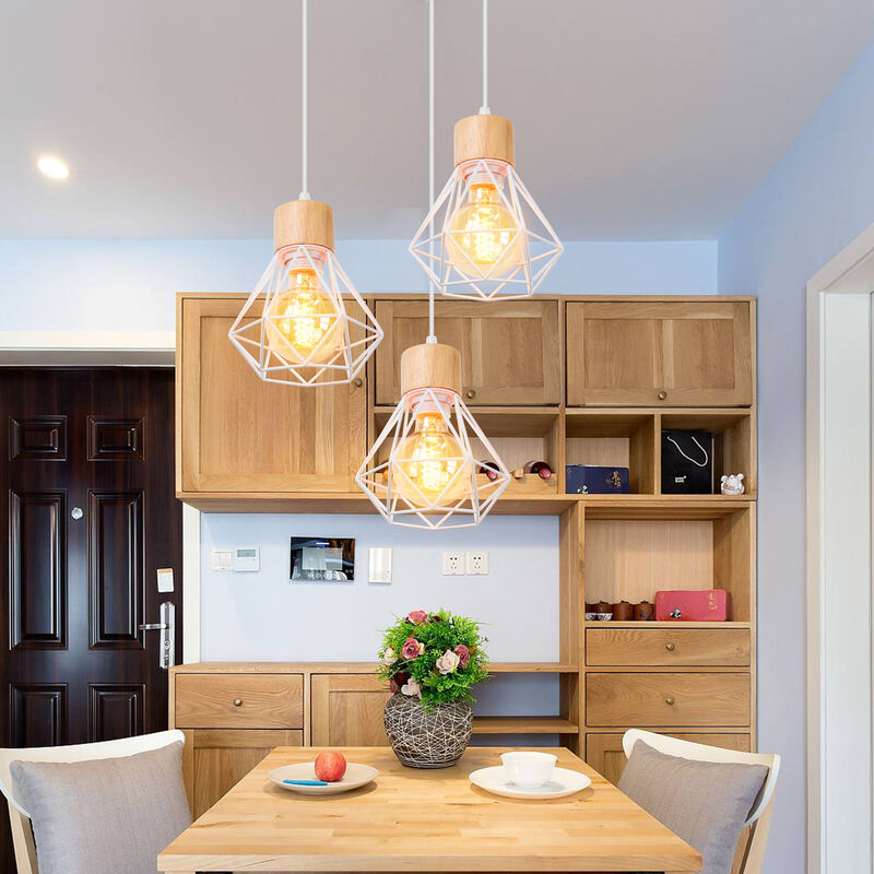 foto del prodotto 3 luci lampadario industriale lampada a soffitto con paralume a diamanti in metallo e legno e27 per soggiorno cucina camera da letto bianco