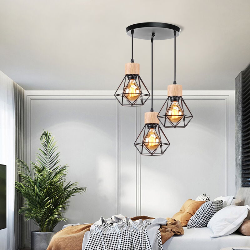 foto del prodotto 3 luci lampadario industriale lampada a soffitto con paralume a diamanti in metallo e legno e27 per soggiorno cucina camera da letto nero