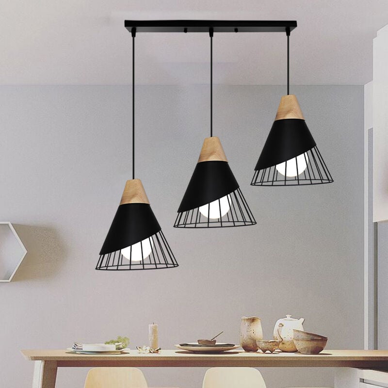 foto del prodotto 3 luci lampadario industriale lampada a sospensione in metallo legno e27 plafoniera a forma di badminton per sala da pranzo soggiorno camera da letto