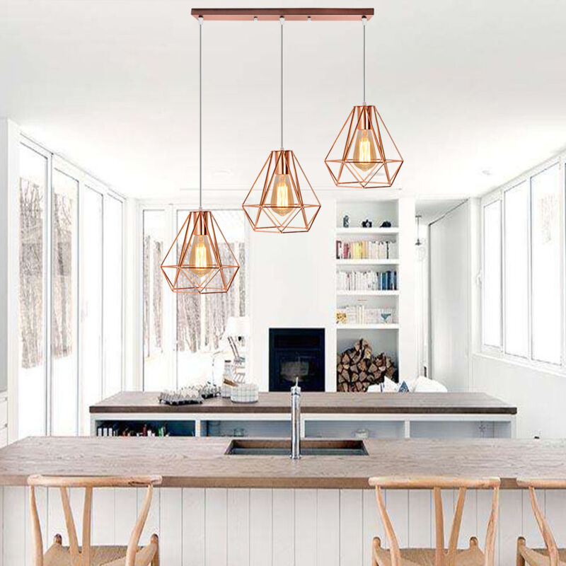 foto del prodotto 3 luci lampadario, lampada a sospensione industriale, lampadario con gabbia diamante 20cm, lampadina in metallo e27 per soggiorno cucina oro rosa