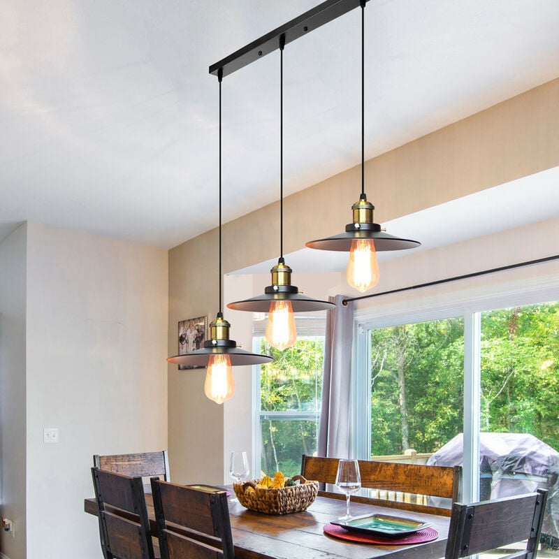 foto del prodotto 3 luci retr lampadario industriale di 3 luci, paralume vintage lampadario da soffitto per sala da pranzo soggiorno cucina nero