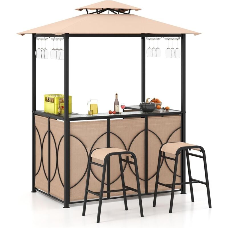 foto del prodotto 3 pc. set bar da giardino, tavolo da bar con 2 sgabelli da bar, tavolo alto con ripiani, portabicchieri e ganci, padiglione barbecue con doppio