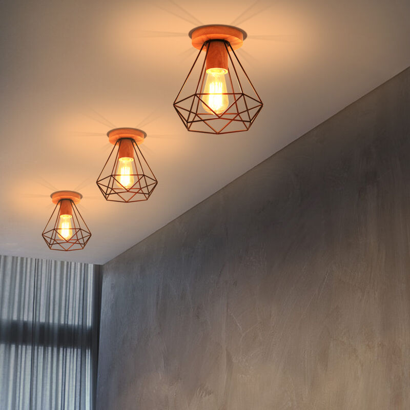 foto del prodotto 3 pezzi industriale diamante lampada da soffitto gabbia diamante in metallo e legno e27 40w per corridoio scala camera da letto nero