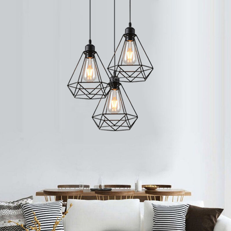 foto del prodotto 3 pezzi lampada a sospensione, vintage lampada da soffitto in metallo, plafoniere con 20cm gabbia di diamante nero 