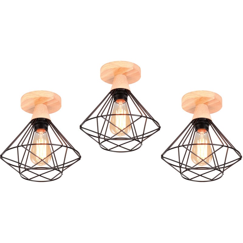 foto del prodotto 3 pezzi lampada da soffitto industriale in metallo e legno design retrò lampada forma di diamante per scale, corridoio, ingresso nero