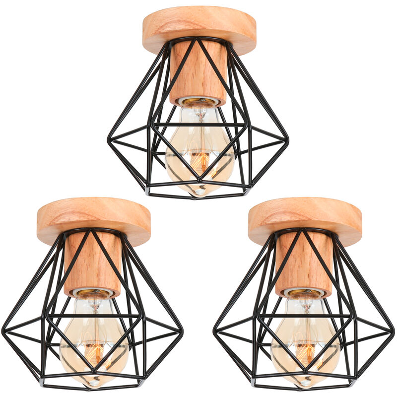 foto del prodotto 3 pezzi lampada da soffitto interno industriale lampadario con portalampada e27 in ceramica gabbia diamante in metallo e legno nero