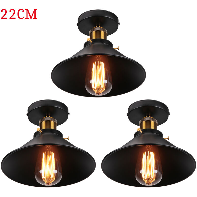 foto del prodotto 3 pezzi lampada da soffitto vintage retr lampadario industriale in ferro paralume 22cm per camera da letto, soggiorno, cucina nero