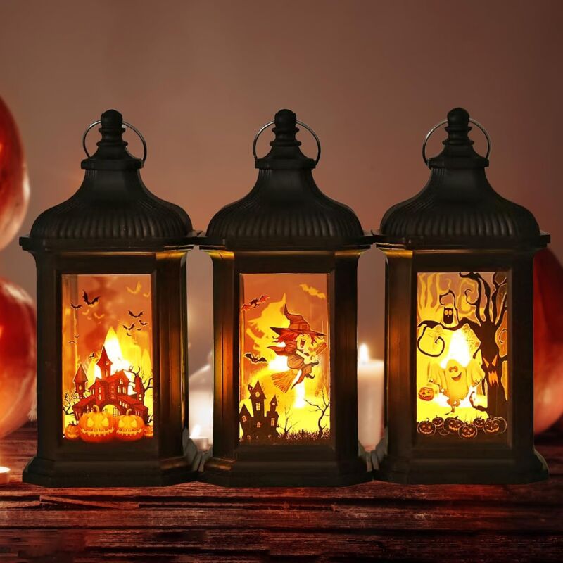 foto del prodotto 3 pezzi lanterna di halloween a led, decorazione di halloween per interni ed esterni da appendere, decorazione zucca luminosa di halloween,