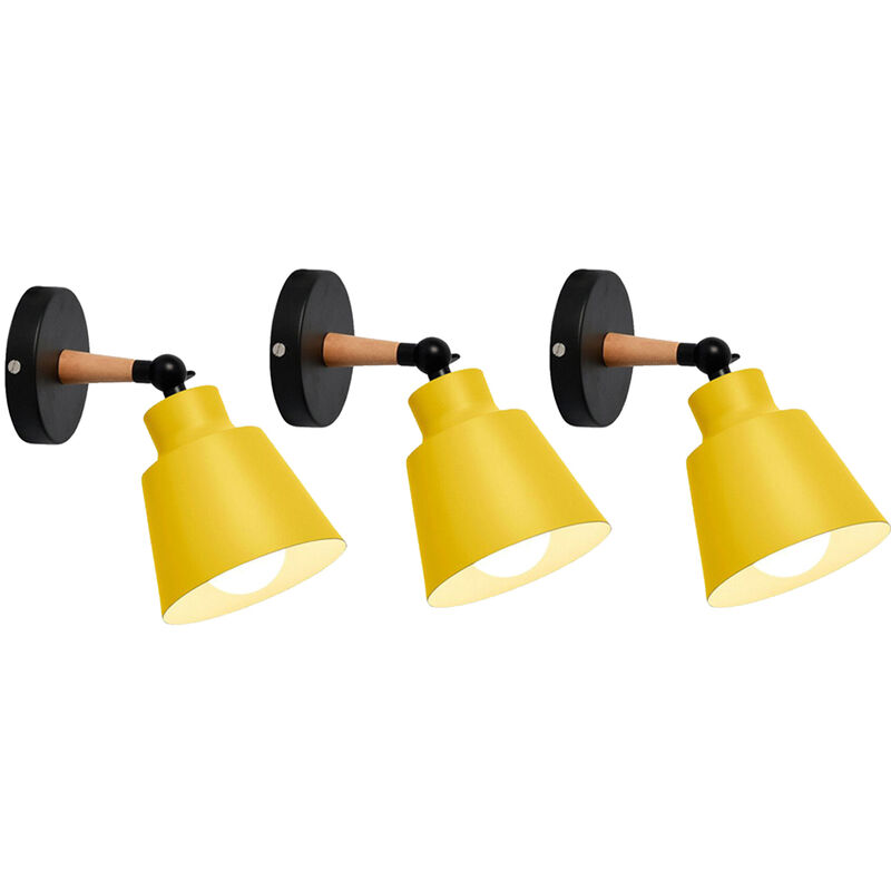 foto del prodotto 3 pezzi moderno lampada da parete per interni, paralume del cappello fatto di metallo e legno e27, applique da parete progetta macaron giallo
