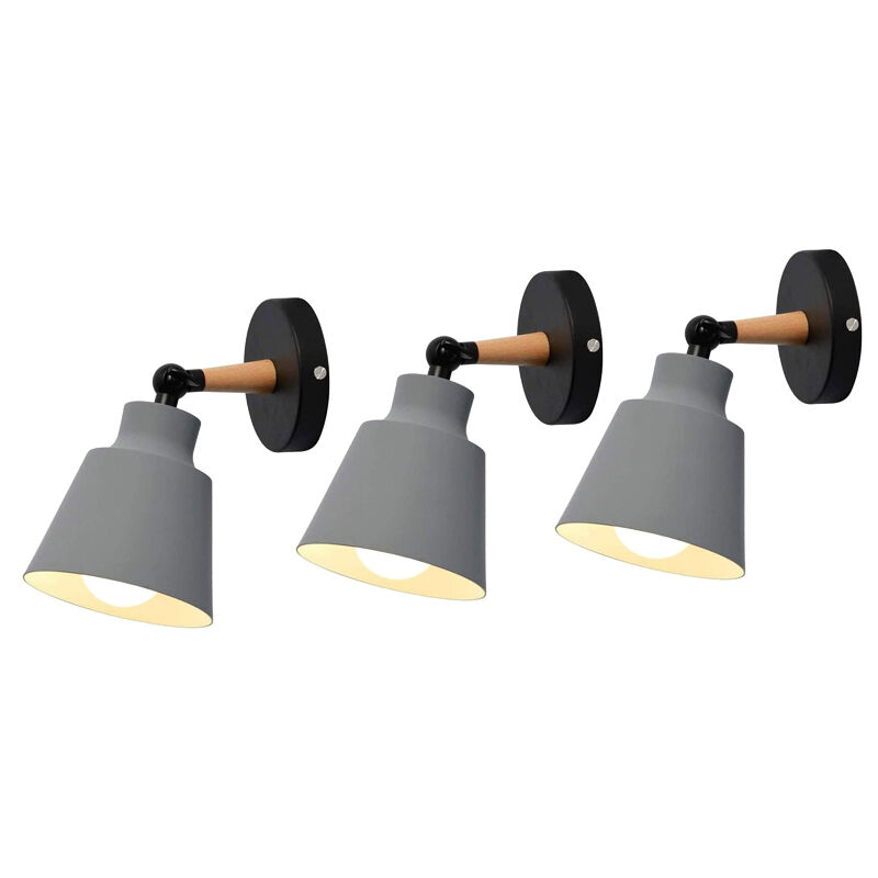 foto del prodotto 3 pezzi moderno lampada da parete per interni, paralume del cappello fatto di metallo e legno e27, applique da parete progetta macaron grigio