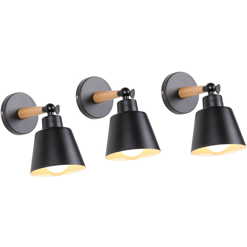 foto del prodotto 3 pezzi moderno lampada da parete per interni, paralume del cappello fatto di metallo e legno e27, applique da parete progetta macaron nero