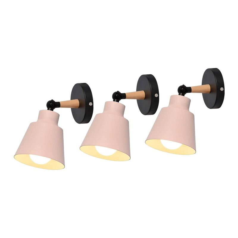 foto del prodotto 3 pezzi moderno lampada da parete per interni, paralume del cappello fatto di metallo e legno e27, applique da parete progetta macaron rosa