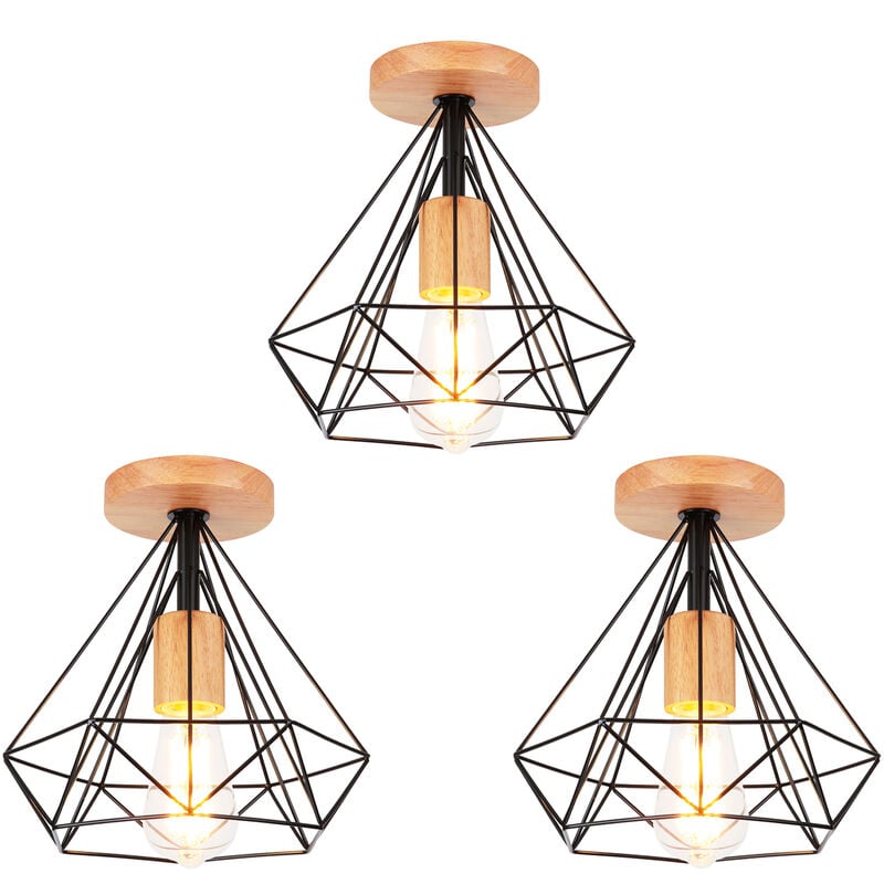 foto del prodotto 3 pezzi moderno lampada da soffitto industriale e27 25cm lampada forma di diamante in metallo e legno per corridoio scale soggiorno nero