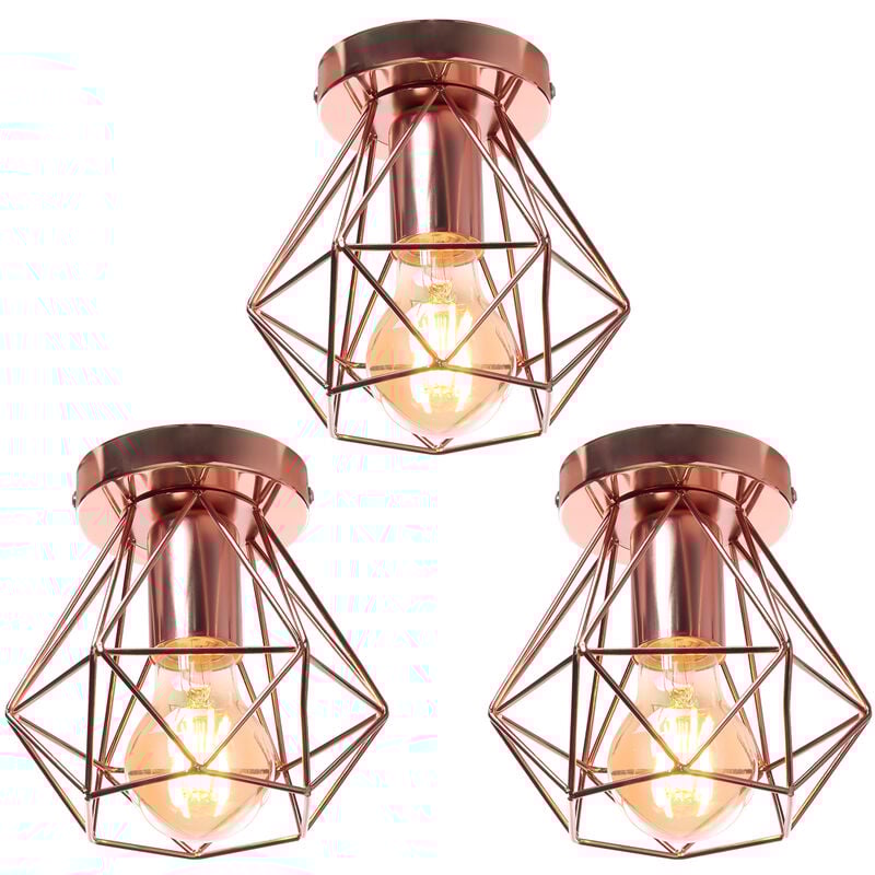 foto del prodotto 3 pezzi plafoniera da soffitto, 16cm mini diamante gabbia, industriale stile, e27 attacco per soggiorno sala da pranzo oro rosa