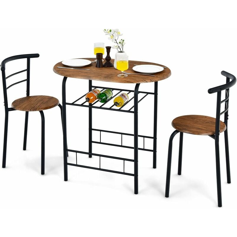 foto del prodotto 3 pezzi set da pranzo set 1 tavolo e 2 sedie da cucina, in metallo e mdf, moderno ed elegante marrone costway