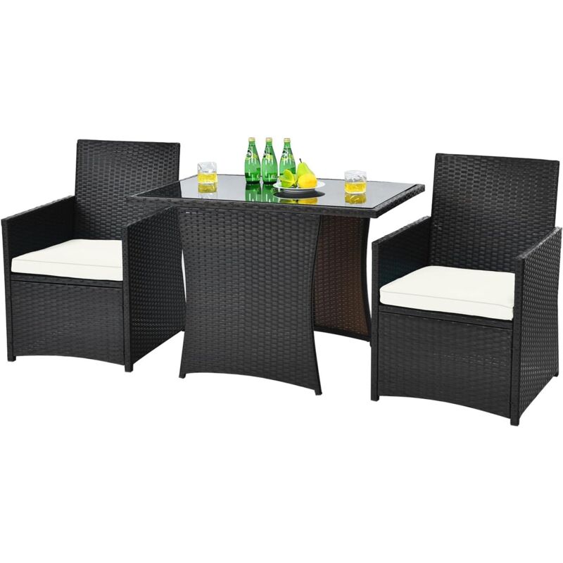 foto del prodotto 3 pezzi set mobili da esterno, set da giardino in rattan pe salvaspazio con piano tavolo in vetro temperato e sedie imbottite, tavolo e sedia da
