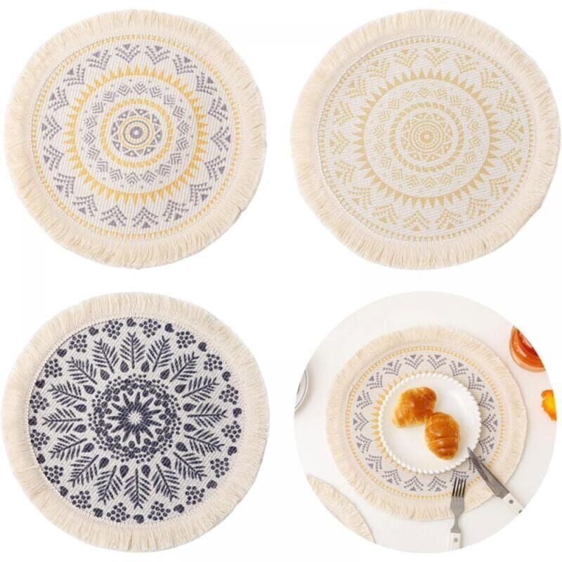 foto del prodotto 3 pezzi tovagliette rotonde boho, tovagliette rotonde boho lavabili, tovaglietta in cotone boho, tovaglietta rotonda decorativa boho, tovaglietta in