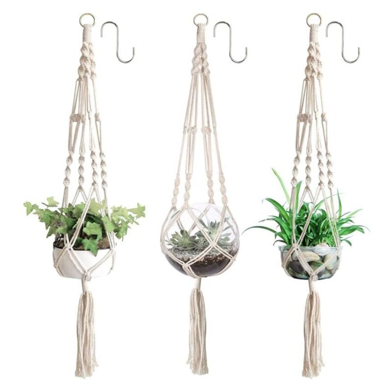 foto del prodotto 3 pezzi vaso da fiori sospeso in rete, cestino per piante sospeso in stile scandinavo ymyny