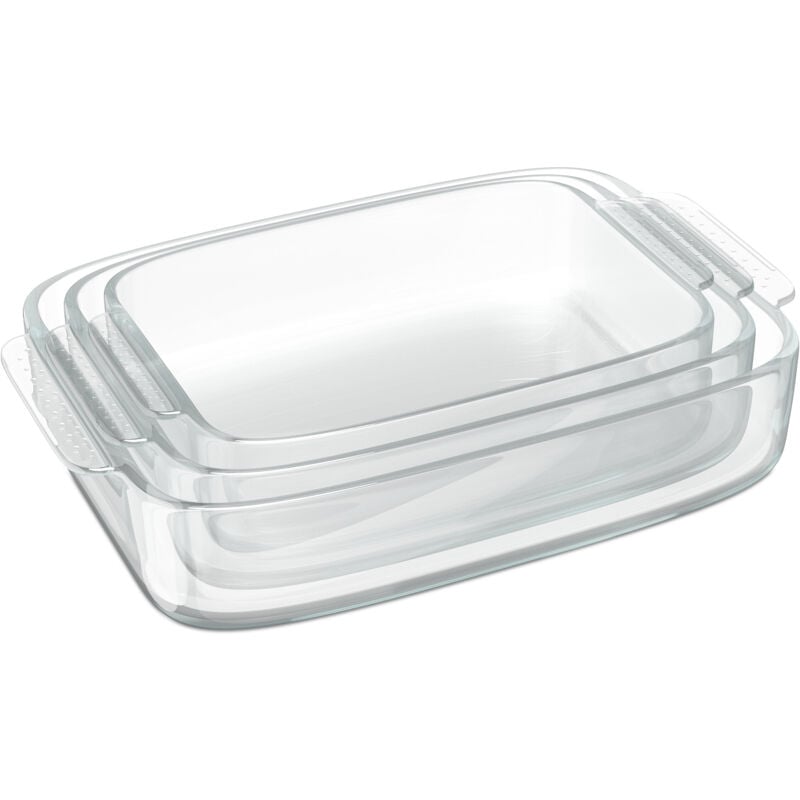 foto del prodotto 3 pirofile forno per lasagne e arrosto, casseruole in vetro, teglia rettangolare, lavabile in lavastoviglie relaxdays