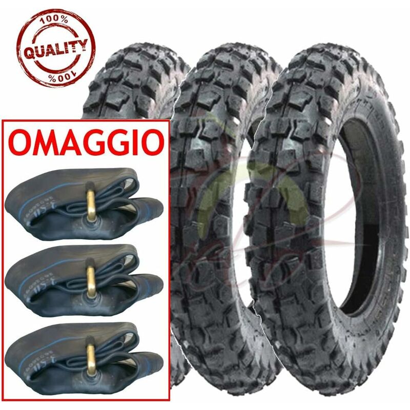 foto del prodotto 3 pneumatici 3 camere d aria cross 100 90 10 per piaggio ape 50 minicross mini moto scooter tassellati 6pr tt gomme copertoni union