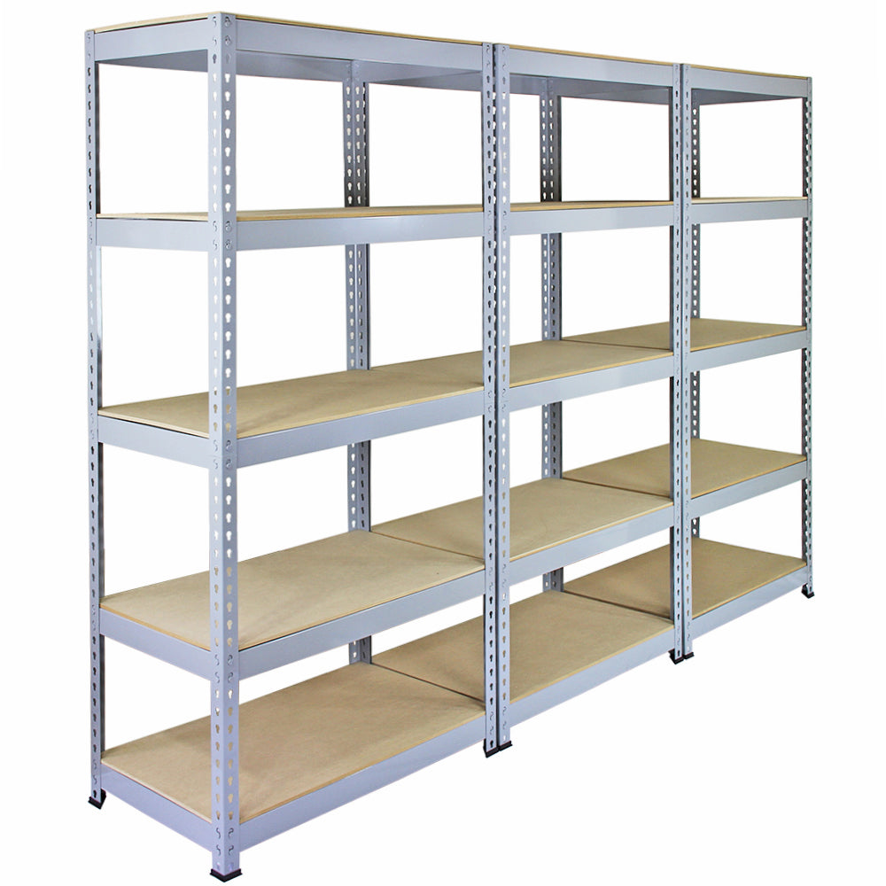 foto del prodotto 3 scaffali in acciaio senza bulloni q rax grigi larghi 90cm per magazzino e box