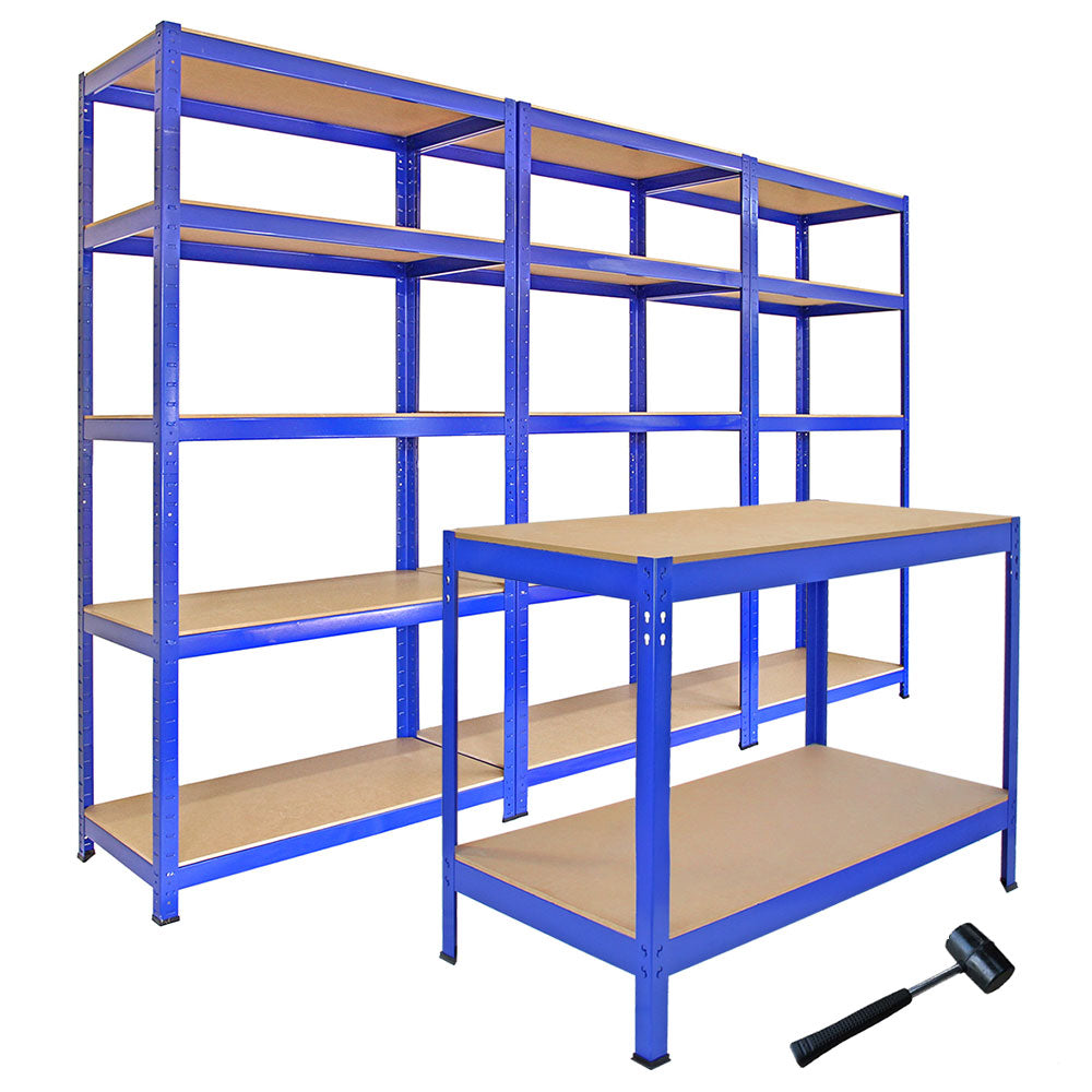 foto del prodotto 3 scaffali t rax 90cm amp tavolo da lavoro q rax in acciaio senza bulloni blu