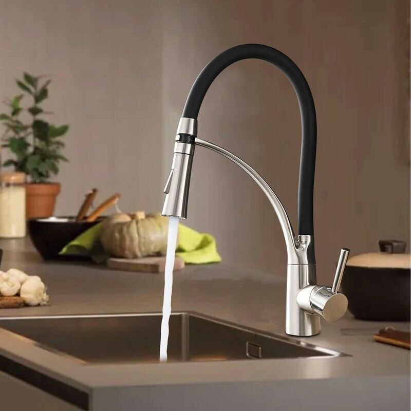 foto del prodotto 3 vie rubinetto cucina con spirale molla e doccetta estraibile,2 in 1 miscelatore monoleva monocomando per lavello,acciaio inox colore nero,nichel