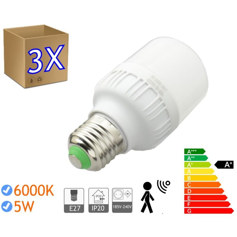 foto del prodotto 3 x lampadine a led 5w e27 luz 6000k frio sensore led led con rivelatore jandei