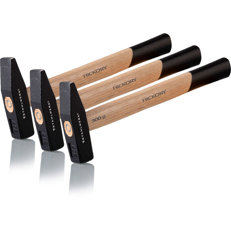 foto del prodotto 3 x martello da fabbro 300g testa robusta in acciaio, manico in hickory - stahlwerk