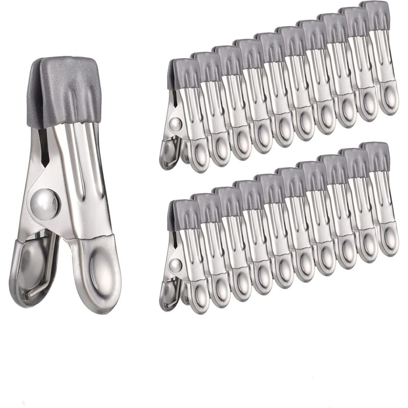 foto del prodotto 30 mollette in acciaio inox, multifunzionali, antiscivolo, per calzini, scarpe, asciugamani, sigillatura di alimenti, foto grigio sollbry
