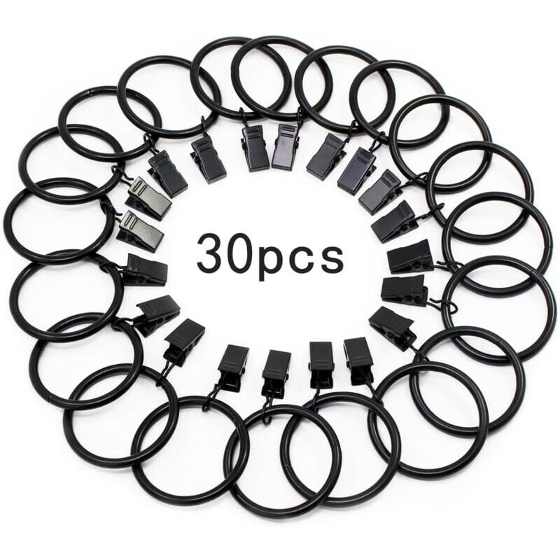foto del prodotto 30 pi ces anneaux de rideaux, avec m tal pince, robuste, antirouille, pour tringle rideaux, 32mm diam tre int rieur noir 