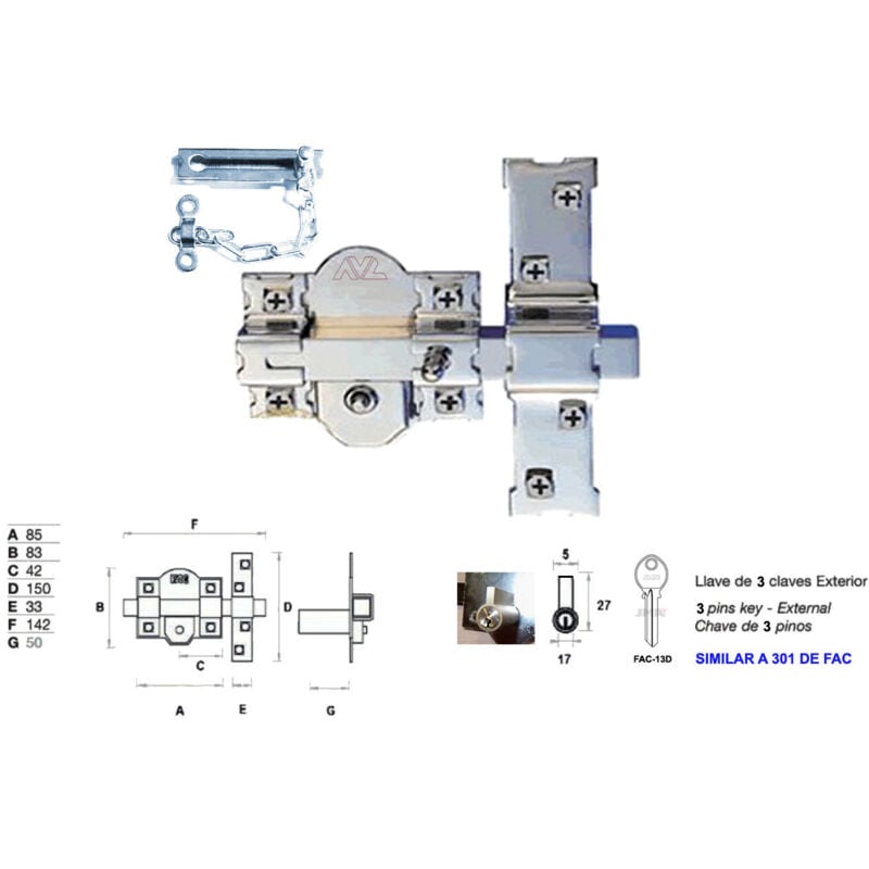 foto del prodotto 301-r-80 catenaccio profilo europeo 50 mm con catena chiave bottone 3 chiavi - avl