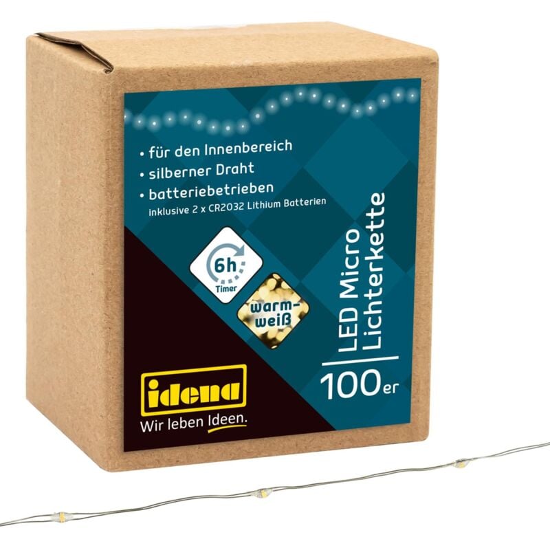 foto del prodotto 30185 micro catena luminosa a led con 100 led in bianco caldo, con funzione timer 6 ore, a batteria, lunga circa 10,2 m, per feste, natale,