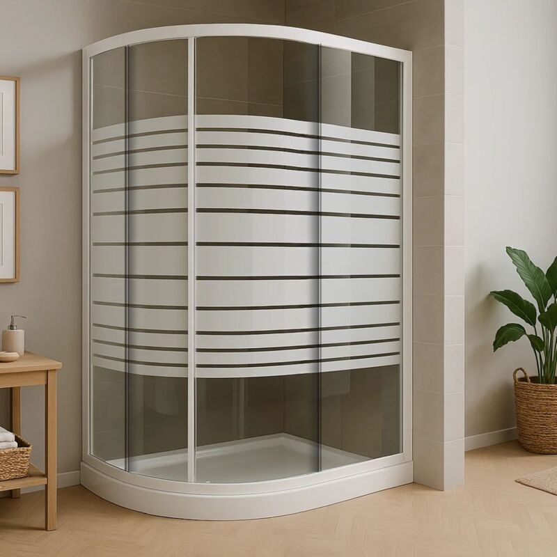 foto del prodotto box doccia semicircolare bianco due ante cristallo temprato misure 87 89,5x87 89,5xh185 cm serigrafato confezione 1 ogomondo