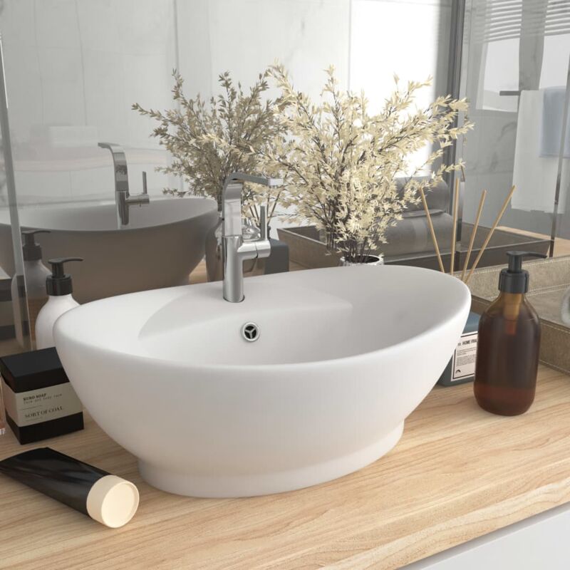 foto del prodotto vidaxl lavandino con troppopieno ovale bianco opaco 58,5x39cm ceramica