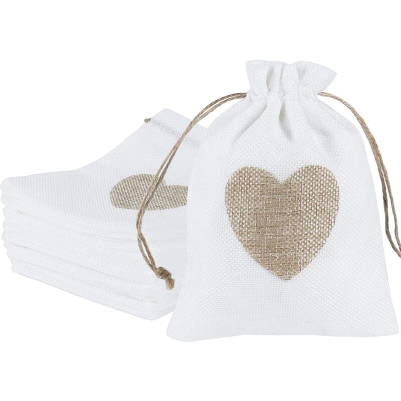 foto del prodotto 30pcs sacchetti di tela di iuta 10x14cm tasche a cuore di iuta set di piccoli sacchetti con coulisse scatole regalo continue per dolciumi e gioielli