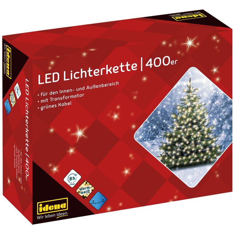 foto del prodotto 31123 catena luminosa a led con 400 led in bianco caldo, con funzione timer 8 ore e trasformatore, lunga circa 47,9 m, uso interno ed esterno, come