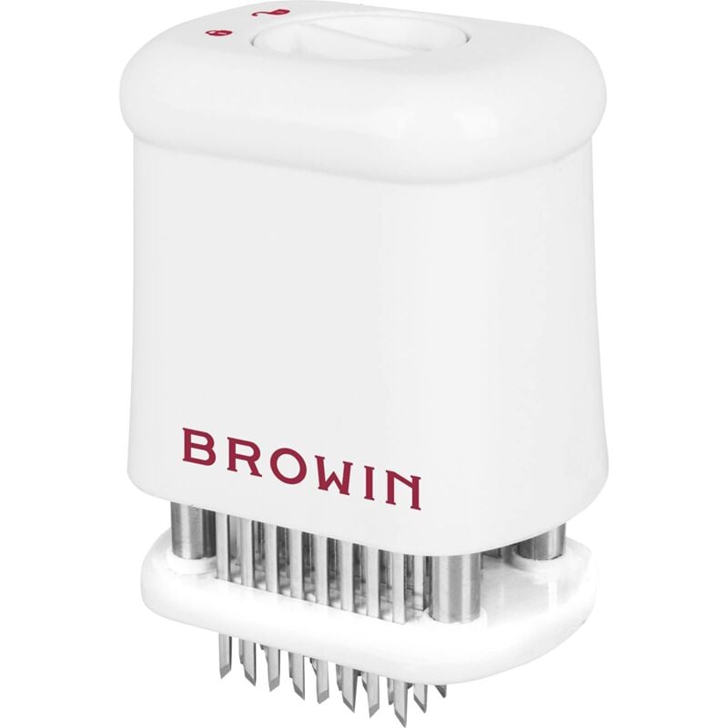foto del prodotto 311401 strumento batticarne con sicurezza, 56 lame in acciaio inox, bianco, taglia l, plastica browin