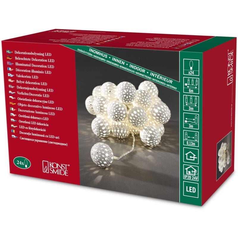 foto del prodotto 3156 103 ghirlanda con la luce del led sfere di metallo bianco 20, 24 diodi bianco caldo, trasformatore interno di 24 v, cavo trasparente 