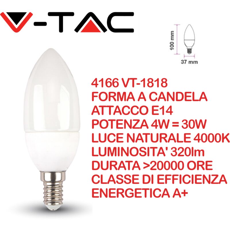 foto del prodotto vt 1818 lampadina led e14 4w candela bianco naturale 4000k v tac